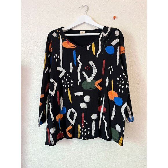 Jess & Jane Womens Black Abstract Graphic Long Sleeve V-Neck Tunic Top Casual - Picture 1 of 7